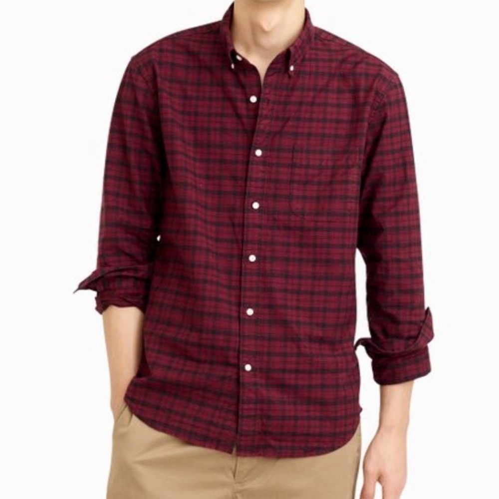 J Crew Plaid Oxford Button Up Red Black (Burgundy) Mens Medium